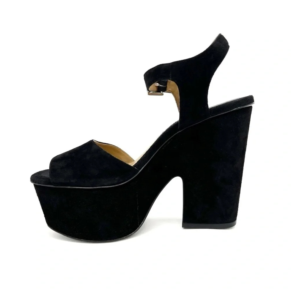 Michael Kors Collection Harley Platform Sandal Chunky Heels Black Suede Size 7.5